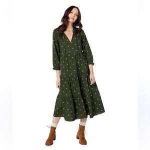 Madewell Tie Neck Tiered Dress in Green Print EUC
